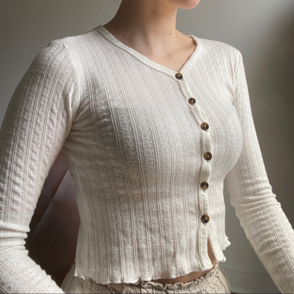 Cream knit sweater/ cardigan, cropped, slim fit, frill detail - White Fawn